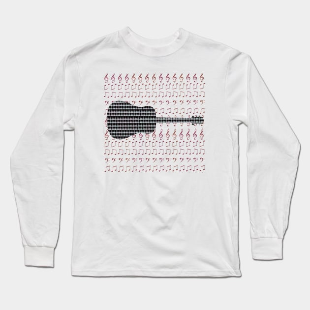 Guitar with Guitar overlay pattern on musical notes Long Sleeve T-Shirt by KateVanFloof